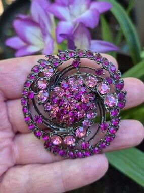 Fuchsia Hot Pink Rhinestone Dimensional Spiral Large Statement Brooch Pendant